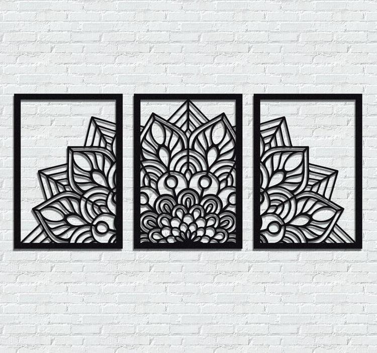 3D Laser Cut Mandala Wall Art Set Modern Black Wood 24