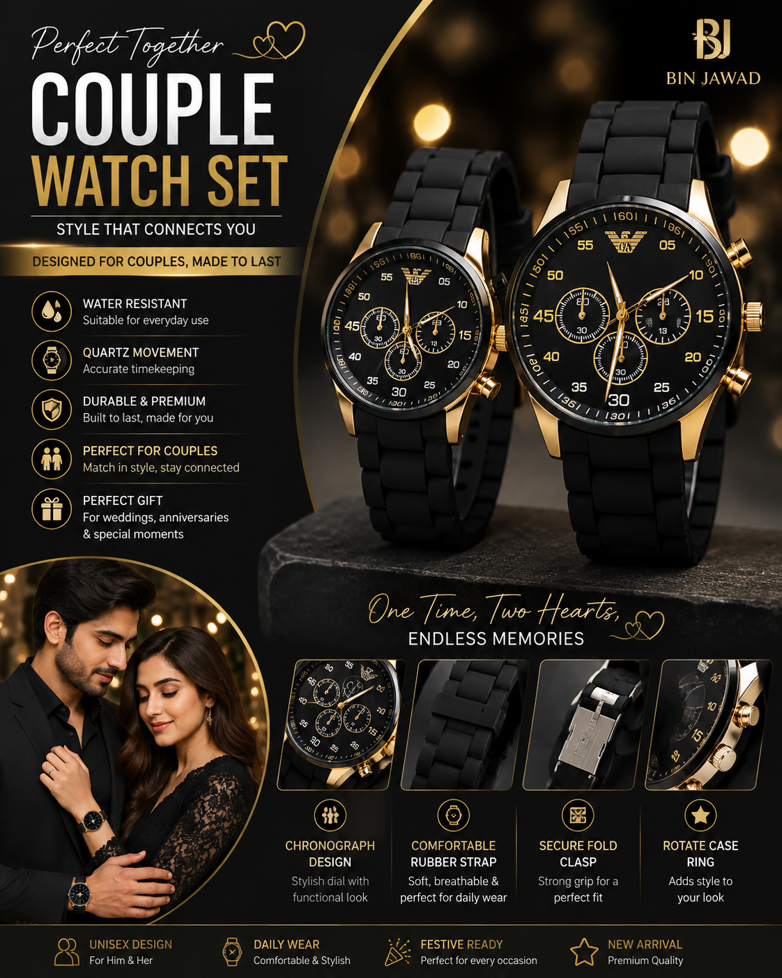 Couple Watches Set – Black & Gold Quartz Watches for Couples