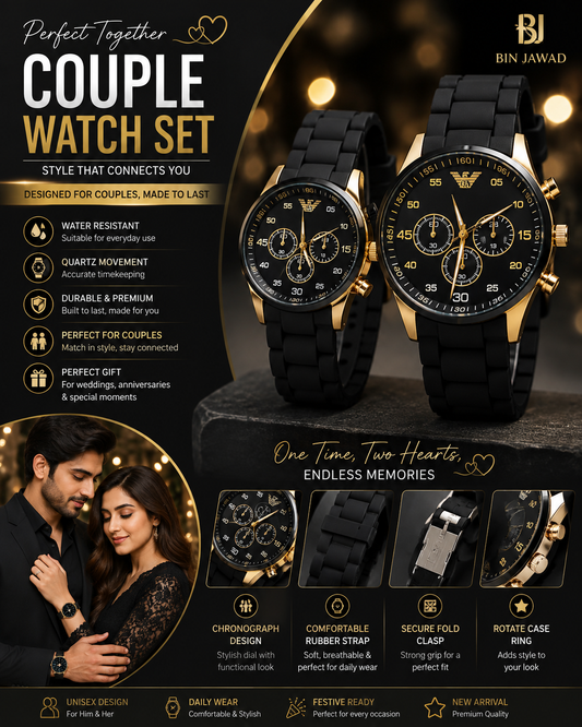 Couple Watches Set – Black & Gold Quartz Watches for Couples