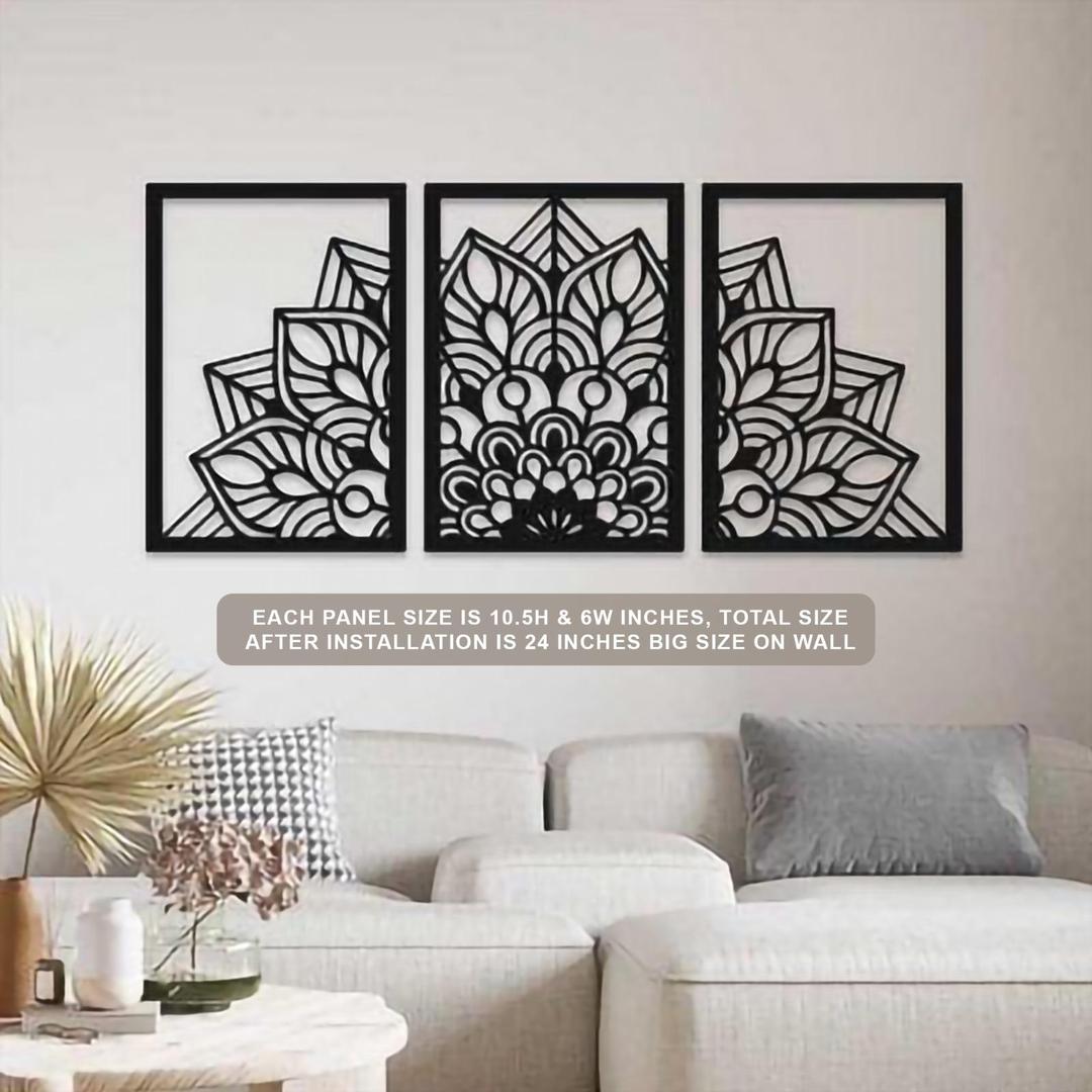 3D Laser Cut Mandala Wall Art Set Modern Black Wood 24
