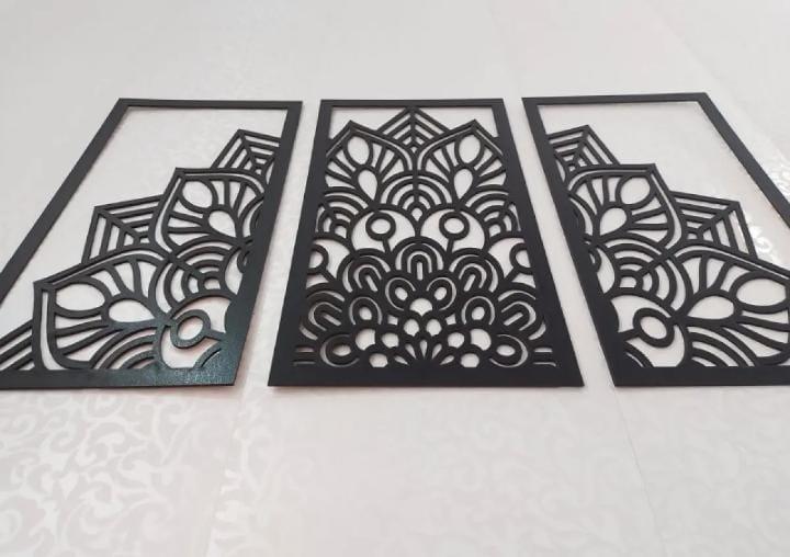 3D Laser Cut Mandala Wall Art Set Modern Black Wood 24