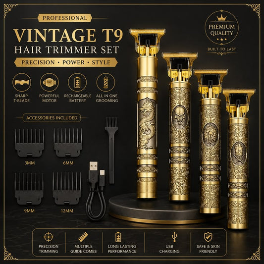 Vintage T9 Professional Hair & Beard Trimmer – Cordless Rechargeable