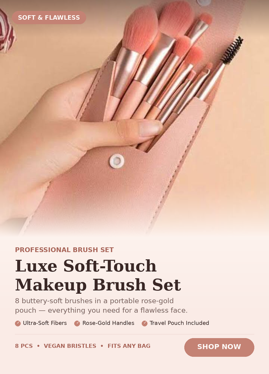 Luxe Soft-Touch Makeup Brush Set (8 Pcs) – Rose Gold Vegan Brushes with Travel Pouch